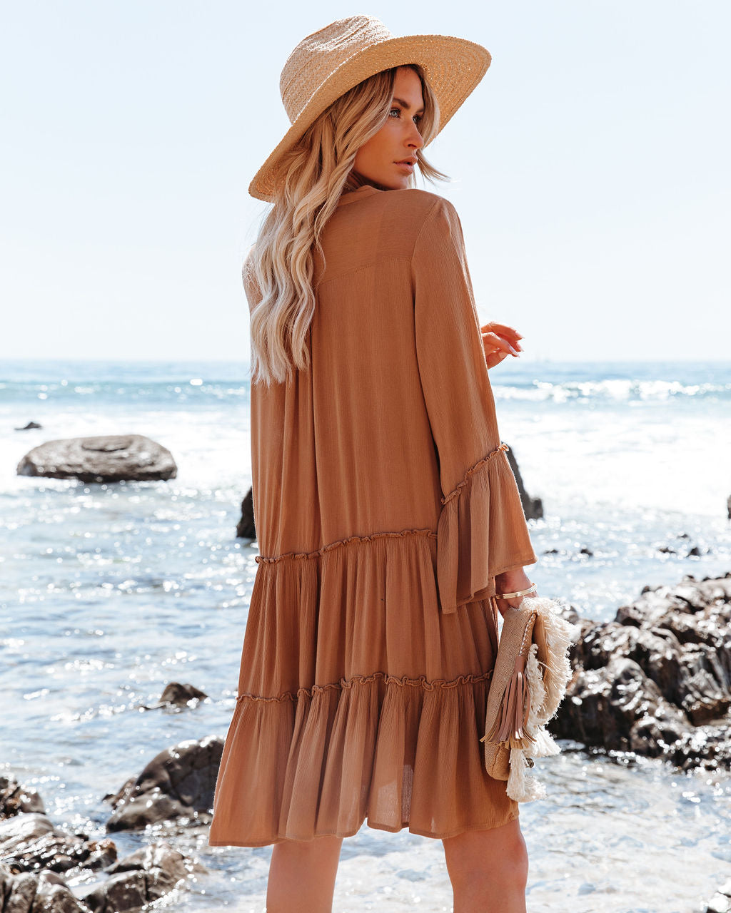 On Barefoot The Beach Pocketed Tiered Tunic Caramel
