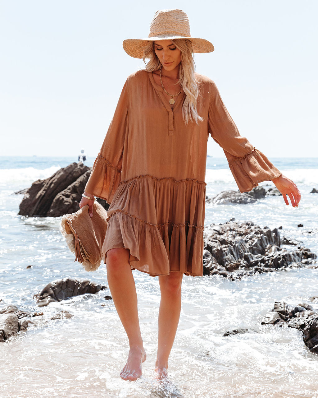 On Barefoot The Beach Pocketed Tiered Tunic Caramel