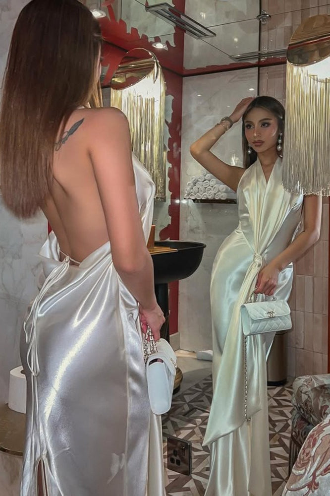 Graceful Draped Neck Backless Slit Long Prom Dress