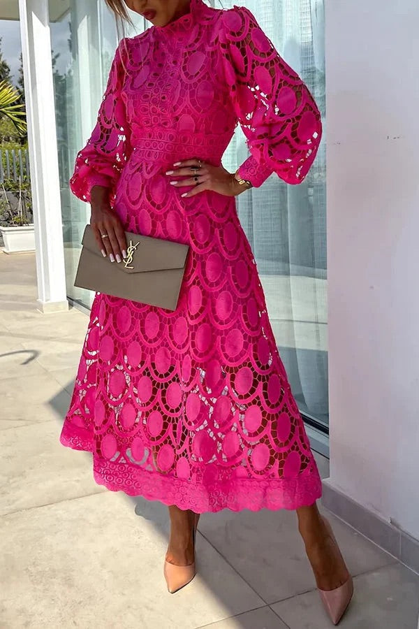 Premium Francisca Romantic, Sensual and Party Midi Dress with Crochet Lace and Lantern Sleeves Chic Silhouette Collection