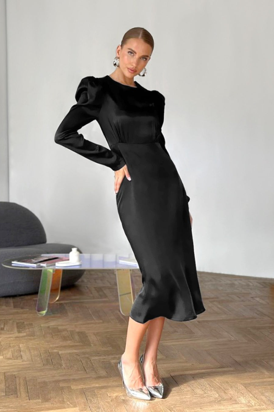 Satin Black Puff Sleeve Midi Dress