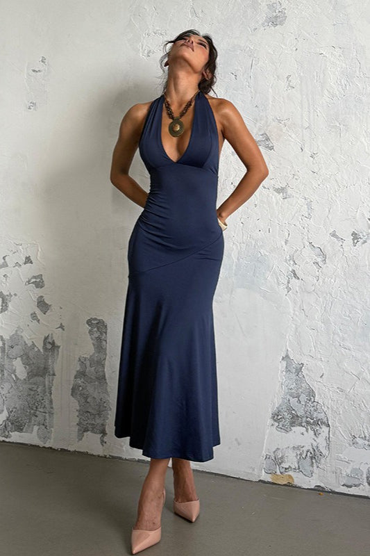 Deep Halter V Backless Midi Dress