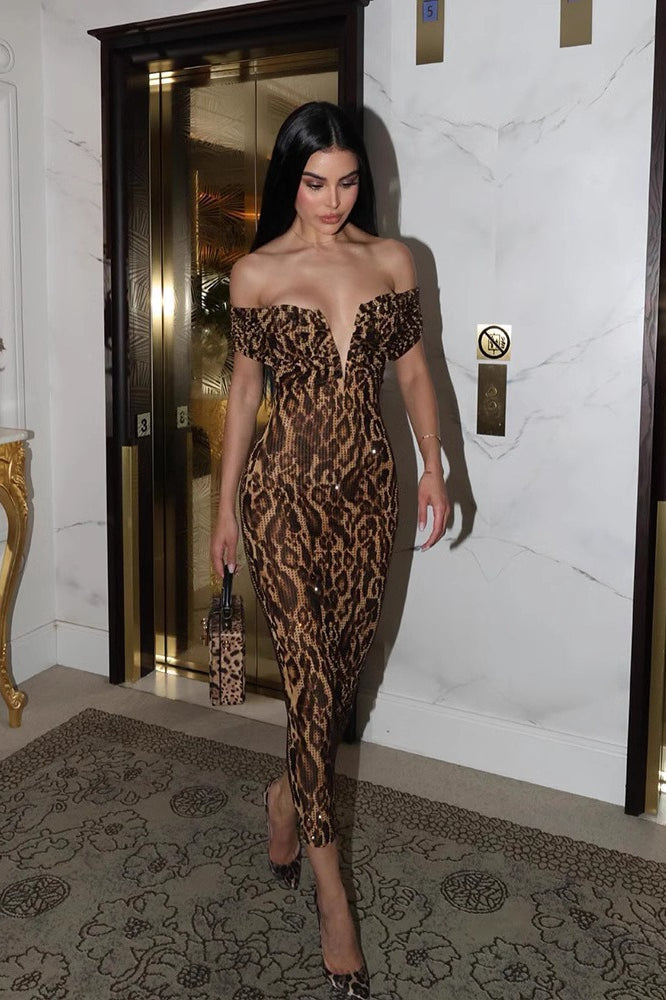 Neck V Off Shoulder Sequin Midi Dress