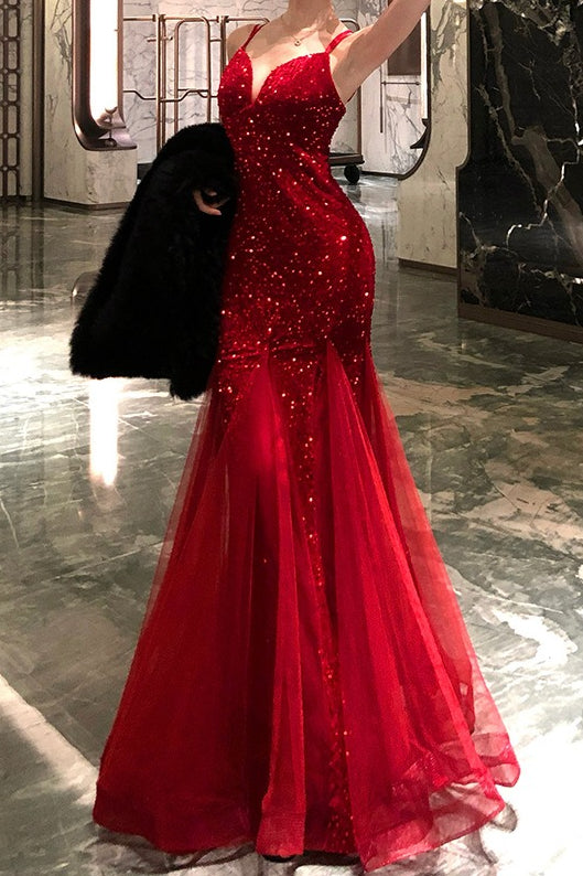 Chic Sequin Spaghetti Strap Evening Prom Dress