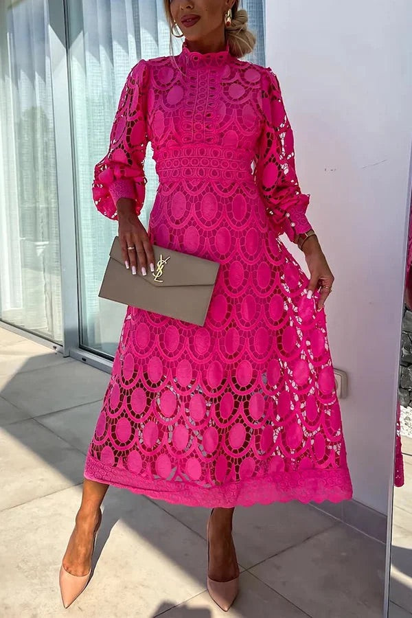 Premium Francisca Romantic, Sensual and Party Midi Dress with Crochet Lace and Lantern Sleeves Chic Silhouette Collection