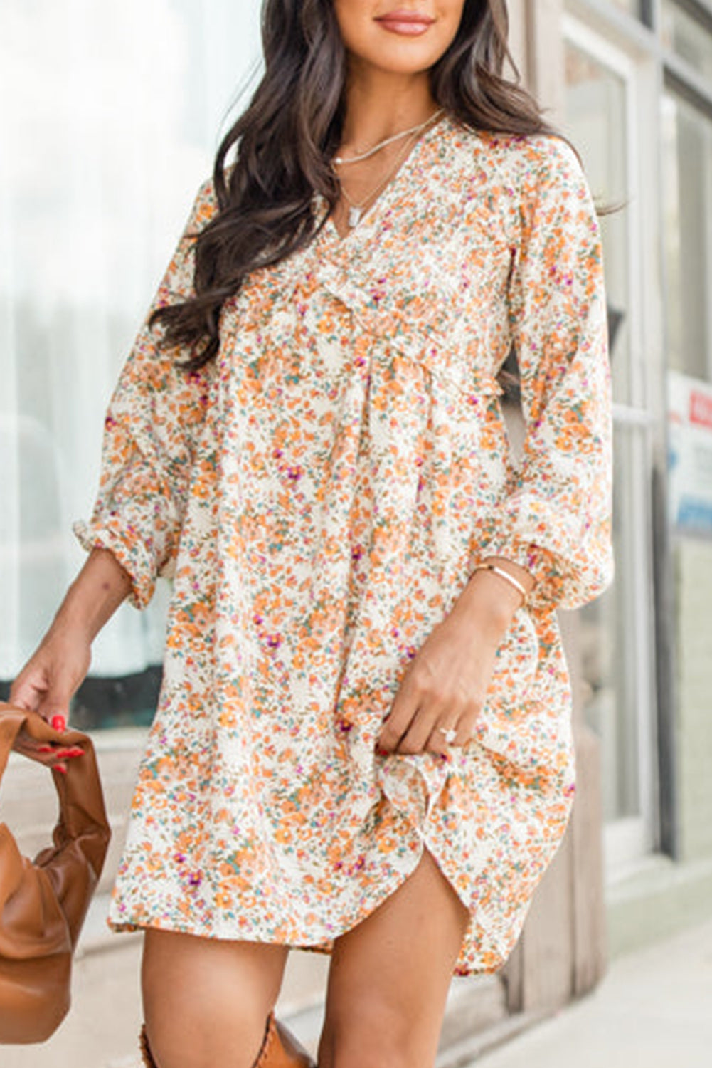 Yellow Boho Bloom V Neck Ruffled Empire Waist Long Sleeve Mini Dress