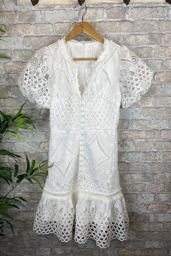 Effortless Gilda Sweet Valor Crochet Lace Mini Dress with Puff Sleeves and Buttons Elevated Occasion Wear
