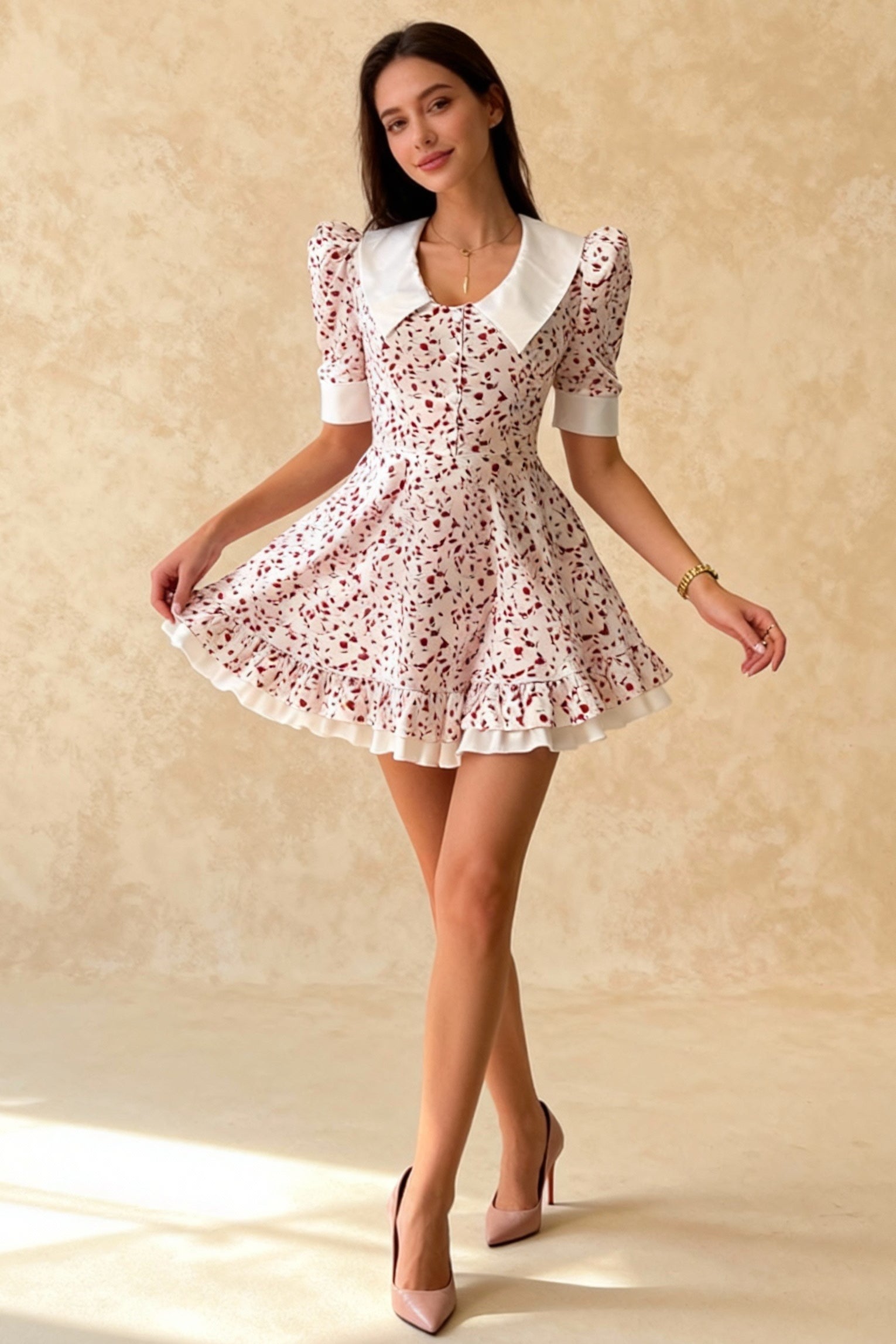 VNeck Bloom Puff Sleeve Babydoll Mini Dress