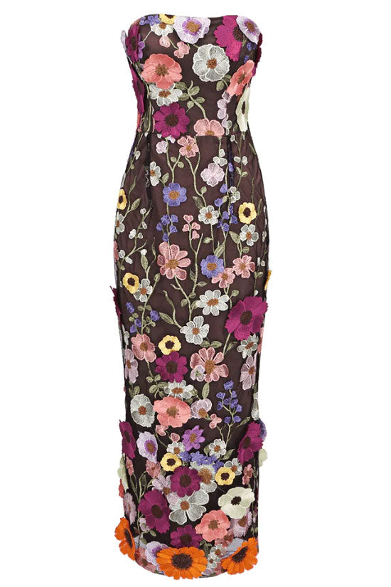 Beautiful Flower Embroidered Bodycon Strapless Cocktail Party Midi Dress - Bloom