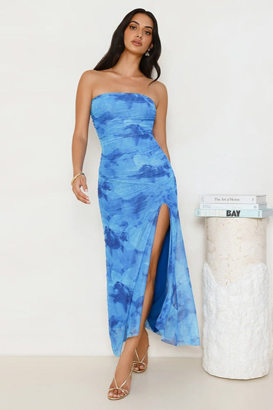Printed Strapless Ruched Midi Dress