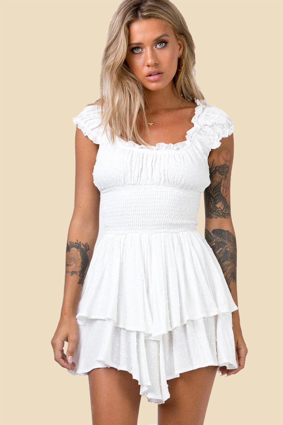 Shirred Belau Bodice Ruffle Flared Mini Dress