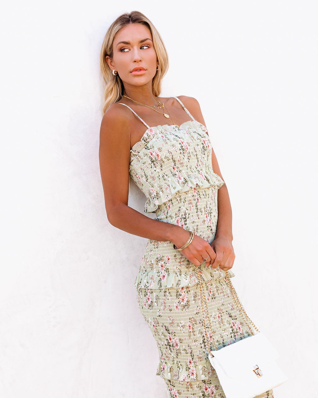 Be My Guest Botanical Smocked Ruffle Midi Dress Sage