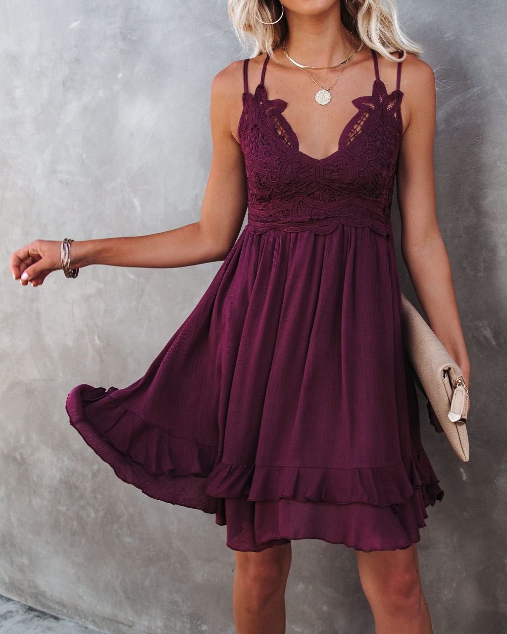 My Of Love Pocketed Lace Ruffle Dress Plum
