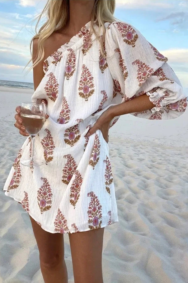 Pleated Simple Plant Print Mini Dress