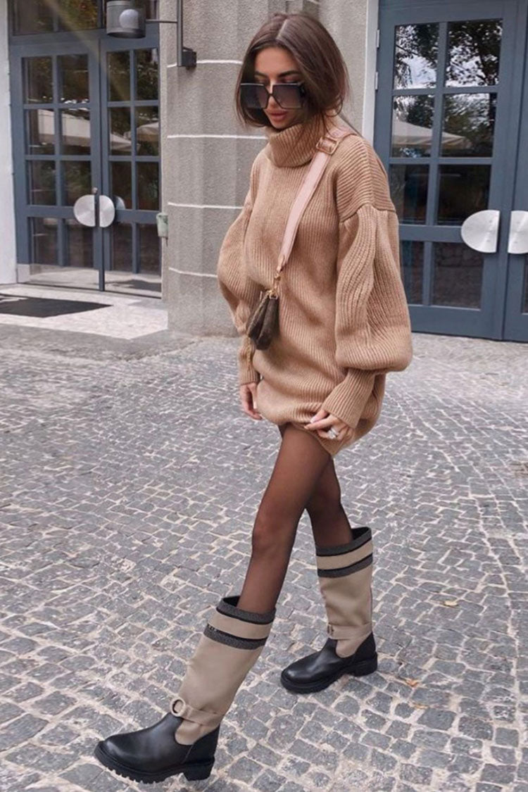 Sleeve Bishop Turtleneck Winter Sweater Mini Dress - Camel