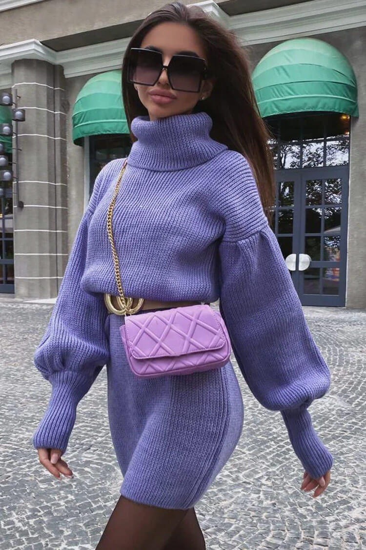 Sleeve Bishop Turtleneck Winter Sweater Midi Dress - Purple