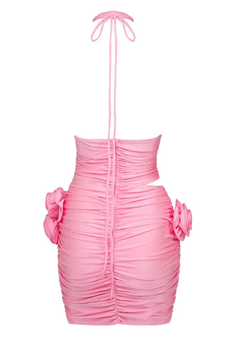 3D Bloom Flower Halter Ruched Bodycon Cutout Party Mini Dress - Hot Pink