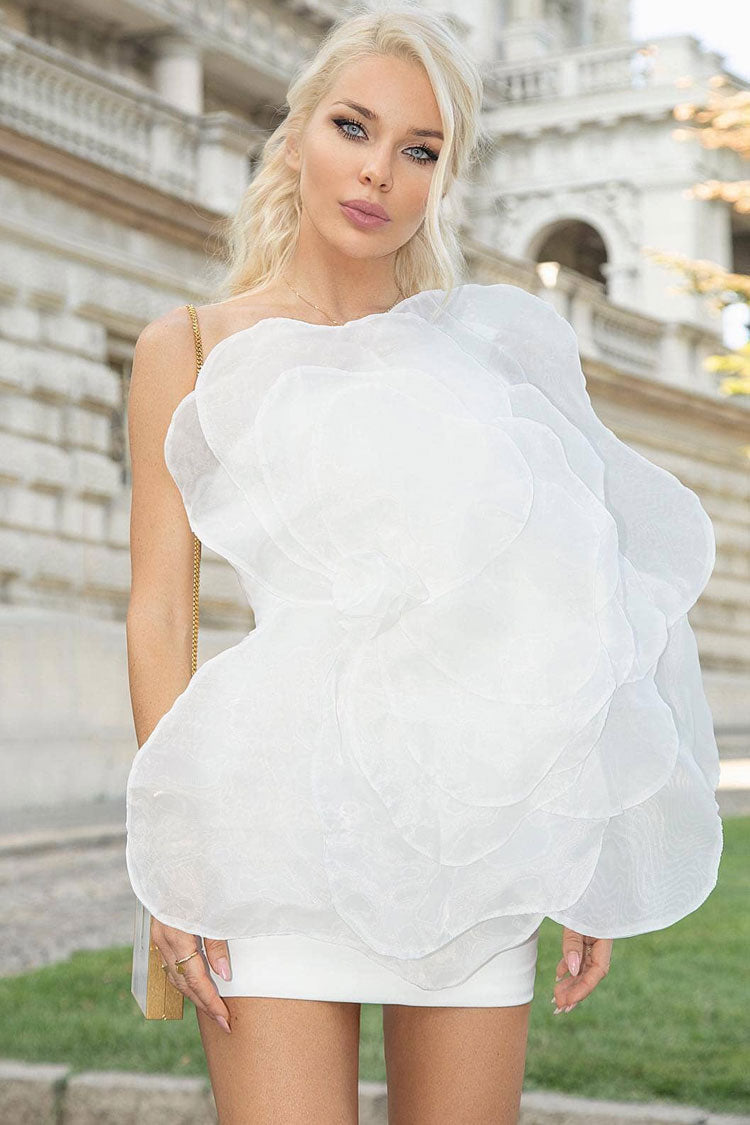 Rosette Blooming Applique One Shoulder Silky Satin Party Mini Dress - White