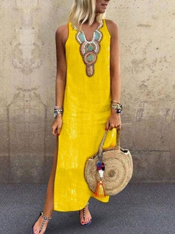 Bohemian Sleeveless Deep V neck Side Slit Dress