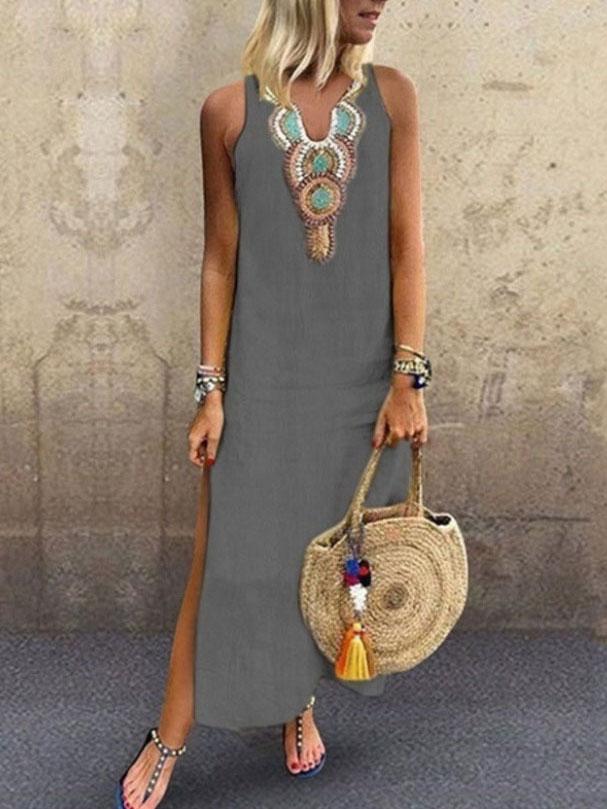 Bohemian Sleeveless Deep V neck Side Slit Dress