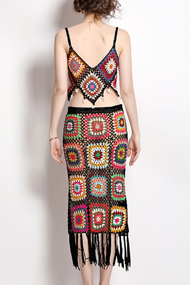 Chic Boho Fringe Granny Square Crochet Knit Two Piece Midi Dress - Black