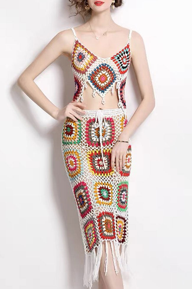 Chic Boho Fringe Granny Square Crochet Knit Two Piece Midi Dress - White