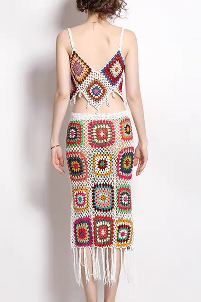 Chic Boho Fringe Granny Square Crochet Knit Two Piece Midi Dress - White
