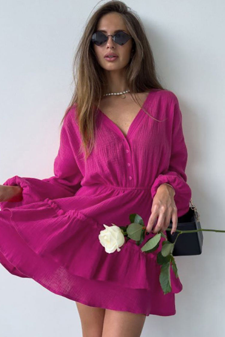 Chic Boho Long Sleeve Cotton Blend Layered Ruffle Mini Dress - Rose
