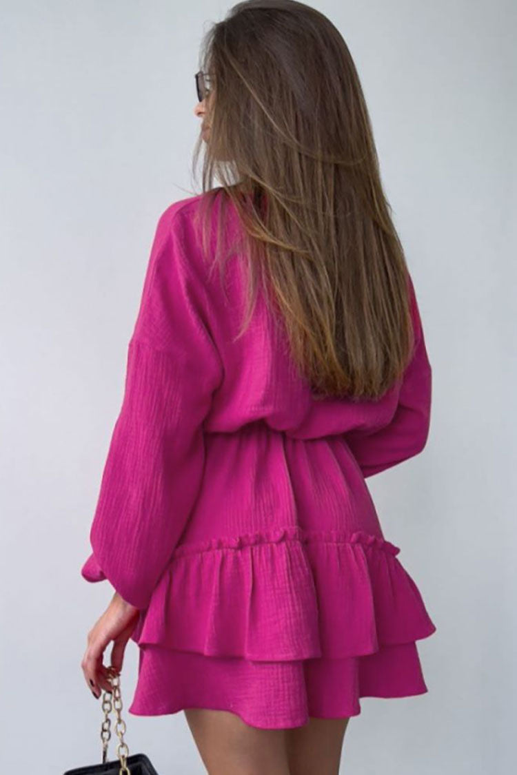 Chic Boho Long Sleeve Cotton Blend Layered Ruffle Mini Dress - Rose