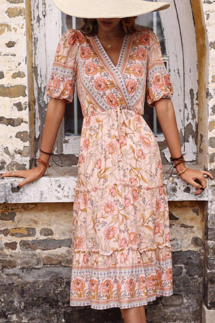 Boho Chic V Neck Ruffle Tiered Bloom Printed Midi Dress - Pink