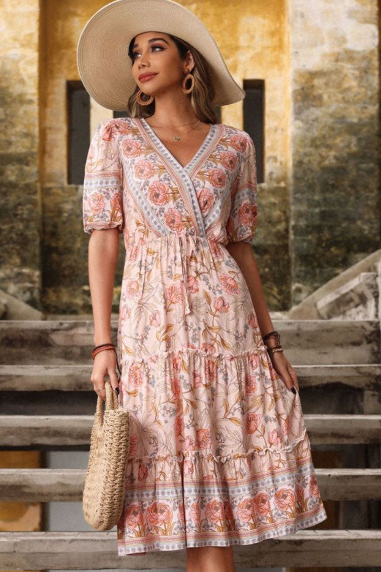 Boho Chic V Neck Ruffle Tiered Bloom Printed Midi Dress - Pink