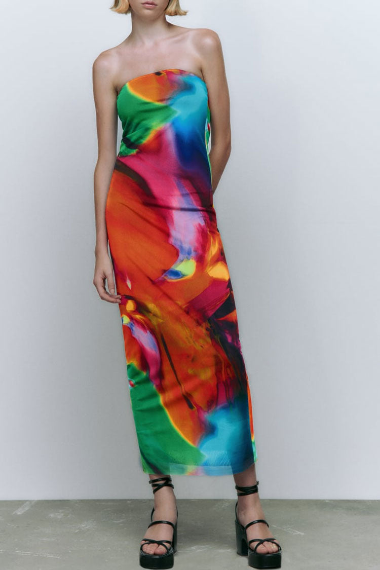Alluring Bold Abstract Printed Summer Strapless Mesh Maxi Dress - Multicolor