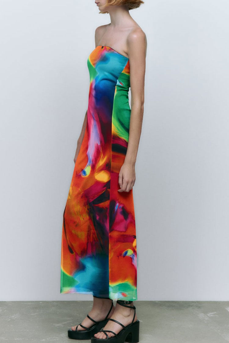 Alluring Bold Abstract Printed Summer Strapless Mesh Maxi Dress - Multicolor