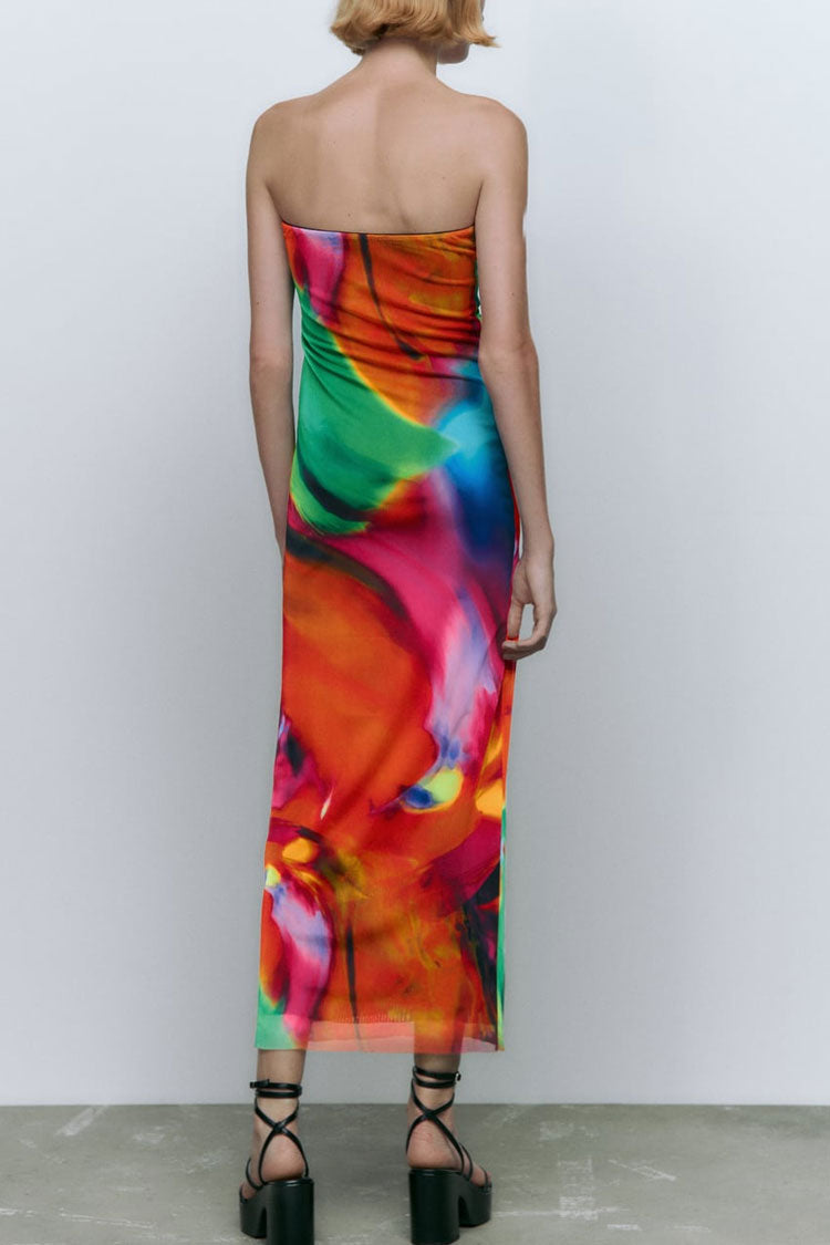 Alluring Bold Abstract Printed Summer Strapless Mesh Maxi Dress - Multicolor