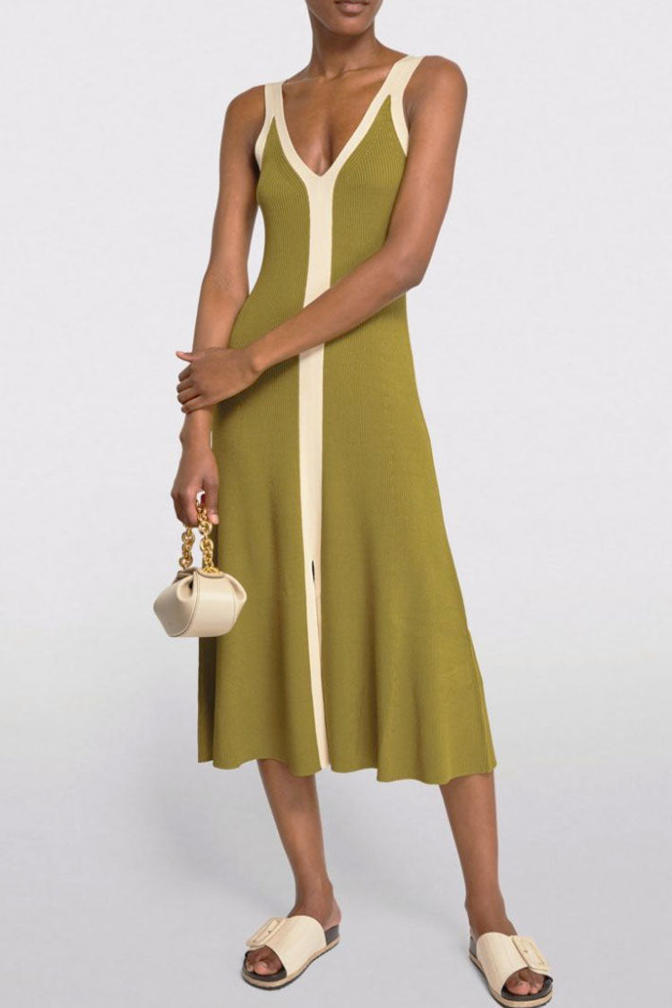 Contrast Breezy Trim V Neck Sweater Beach Vacation Midi Dress - Green