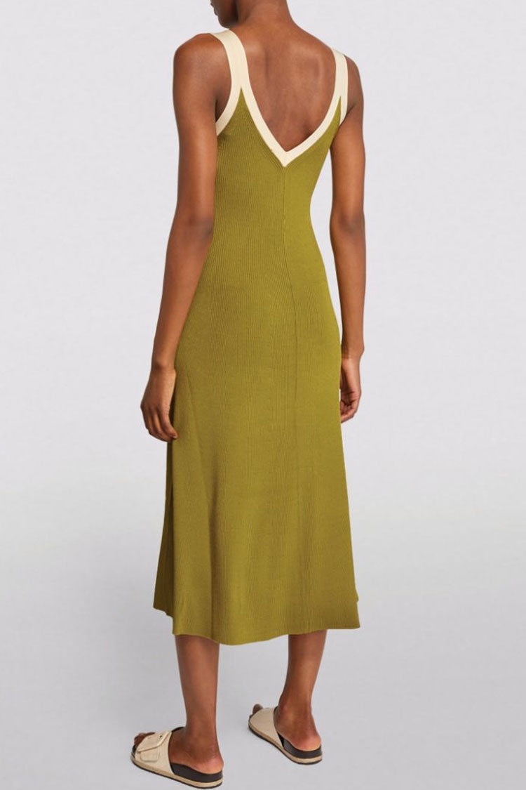 Contrast Breezy Trim V Neck Sweater Beach Vacation Midi Dress - Green
