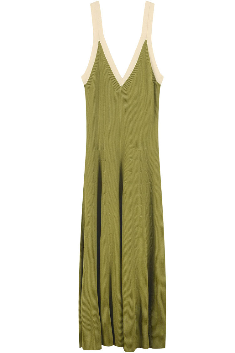 Contrast Breezy Trim V Neck Sweater Beach Vacation Midi Dress - Green