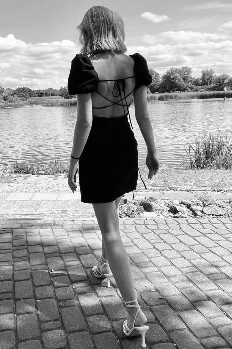 Ruched Breezy Square Neck Puff Sleeve Lace Up Back Party Mini Dress - Black