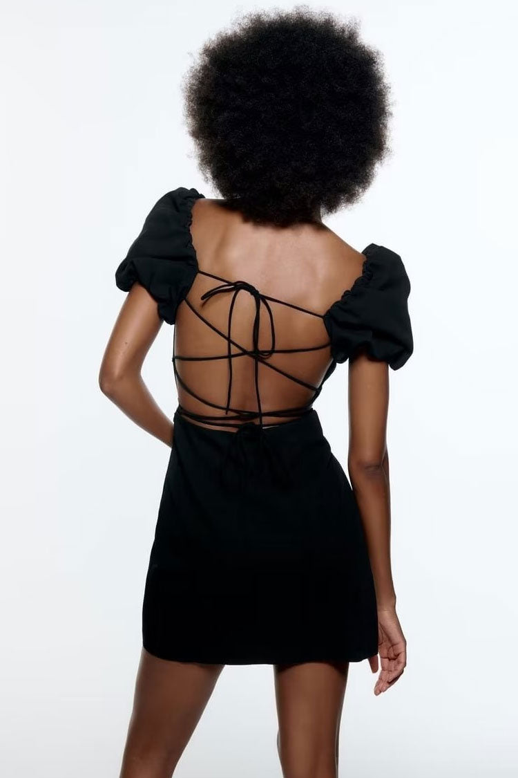 Ruched Breezy Square Neck Puff Sleeve Lace Up Back Party Mini Dress - Black