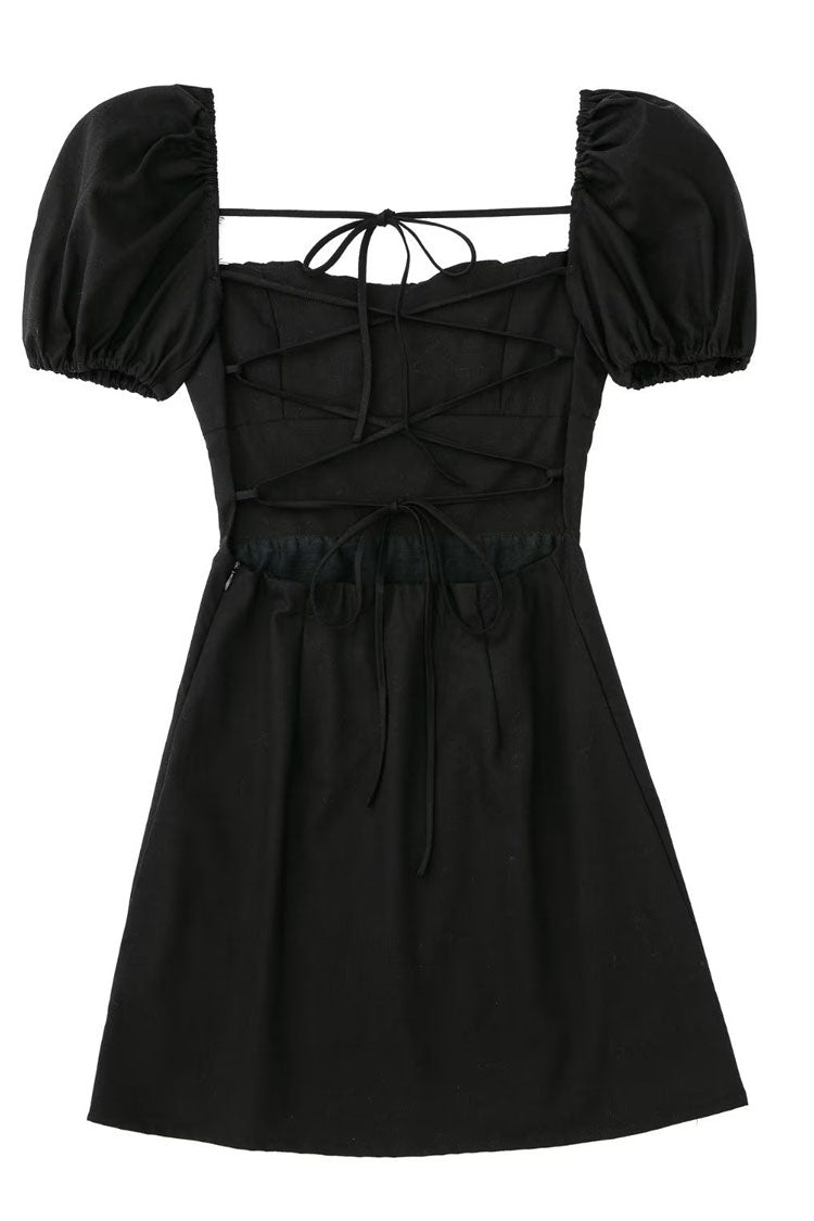 Ruched Breezy Square Neck Puff Sleeve Lace Up Back Party Mini Dress - Black
