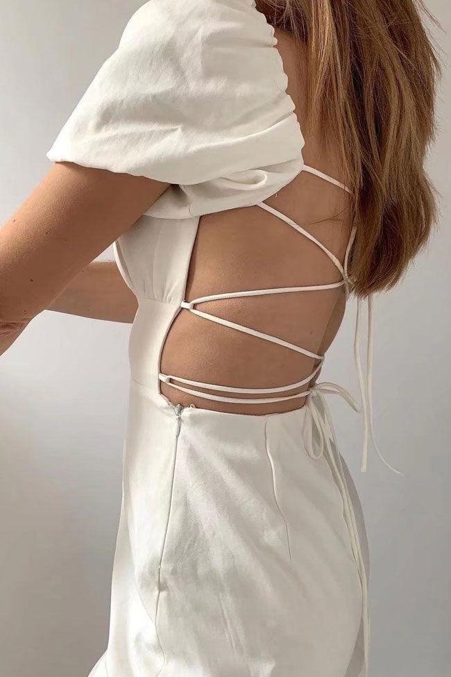 Ruched Breezy Square Neck Puff Sleeve Lace Up Back Party Mini Dress - White
