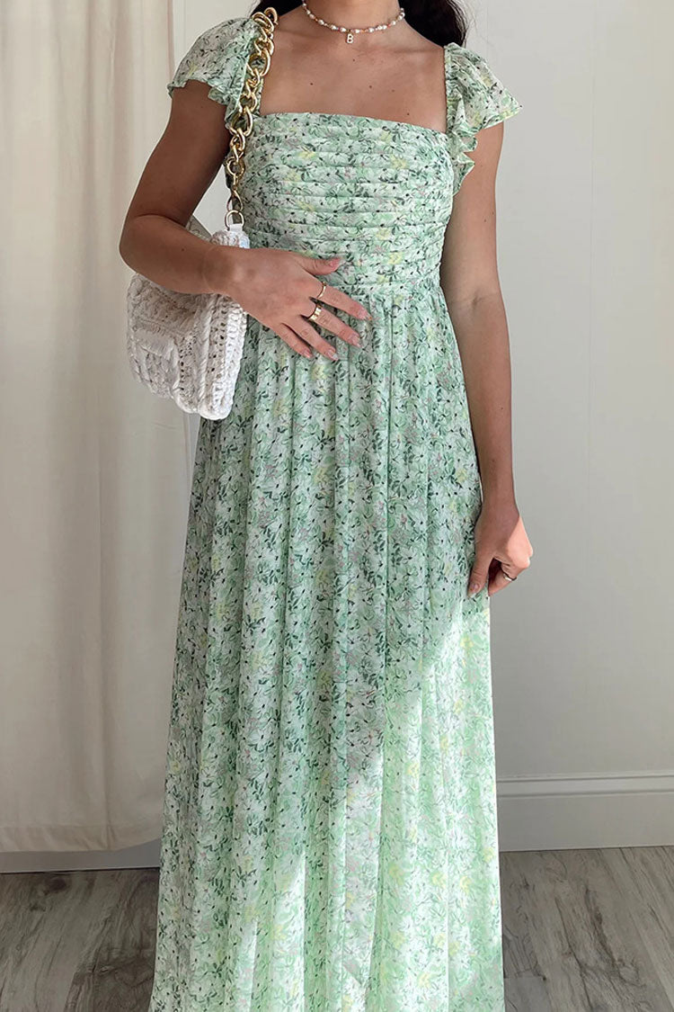 Breezy Square Neck Pleated Fit & Flare Split Bloom Printed Midi Dress - Green