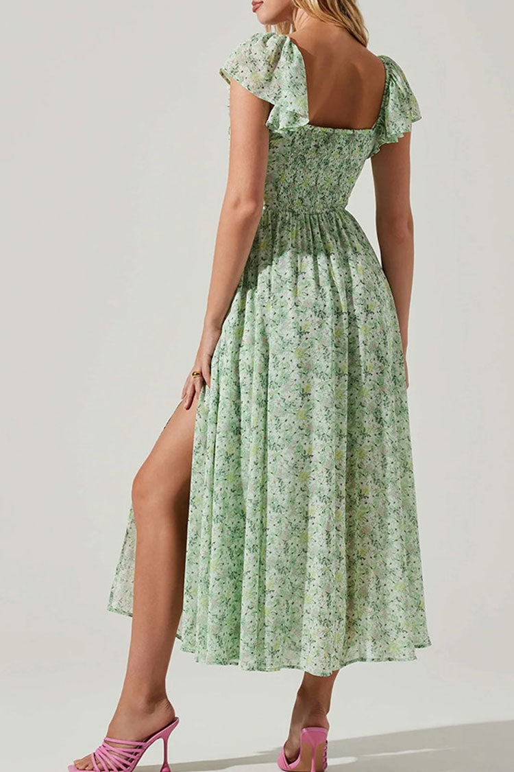 Breezy Square Neck Pleated Fit & Flare Split Bloom Printed Midi Dress - Green