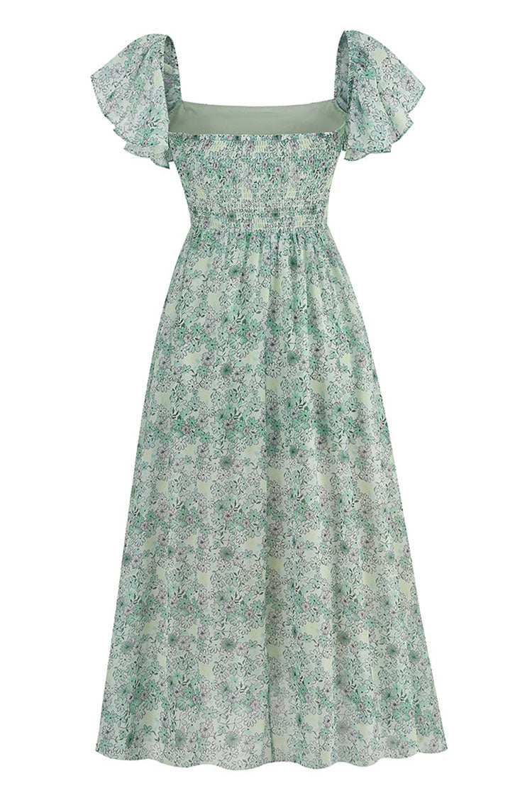 Breezy Square Neck Pleated Fit & Flare Split Bloom Printed Midi Dress - Green