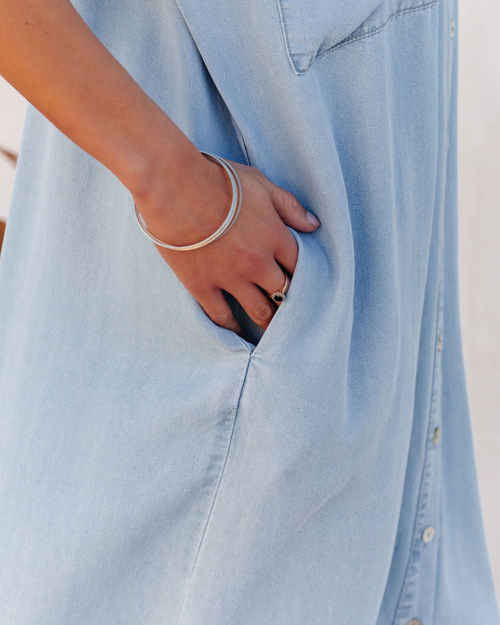 Pocketed Briley Tencel Button Down Midi Dress Chambray
