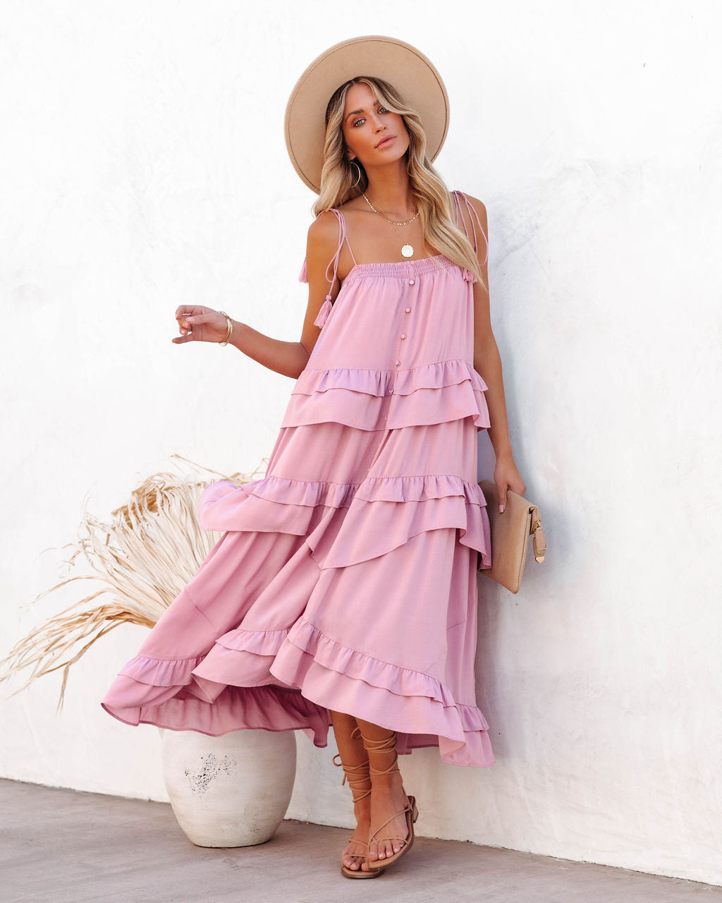 Tiered Brisbane Tassel Midi Dress Mauve
