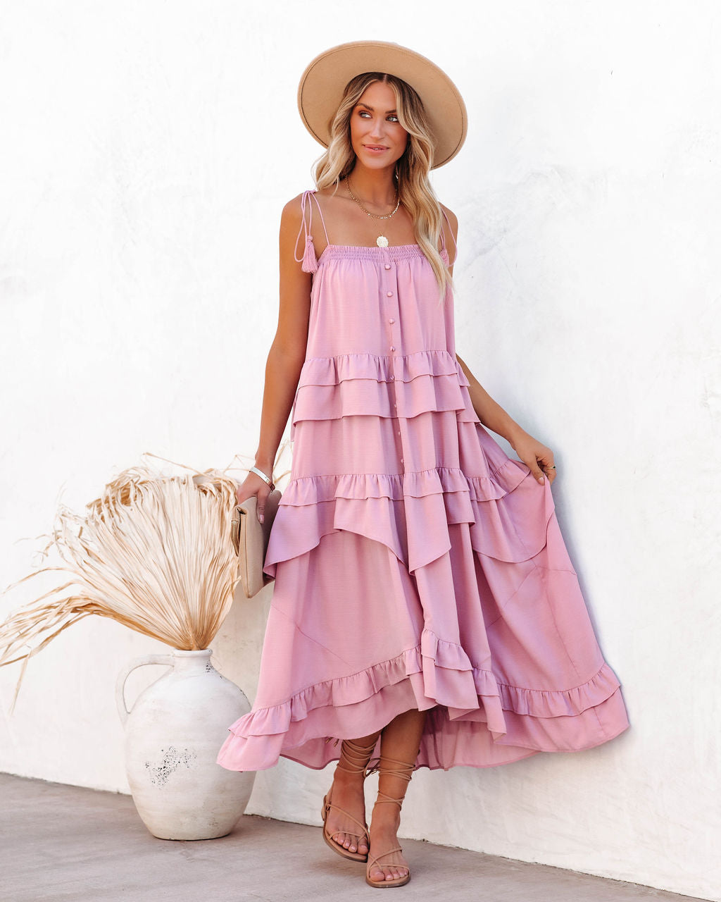 Tiered Brisbane Tassel Midi Dress Mauve