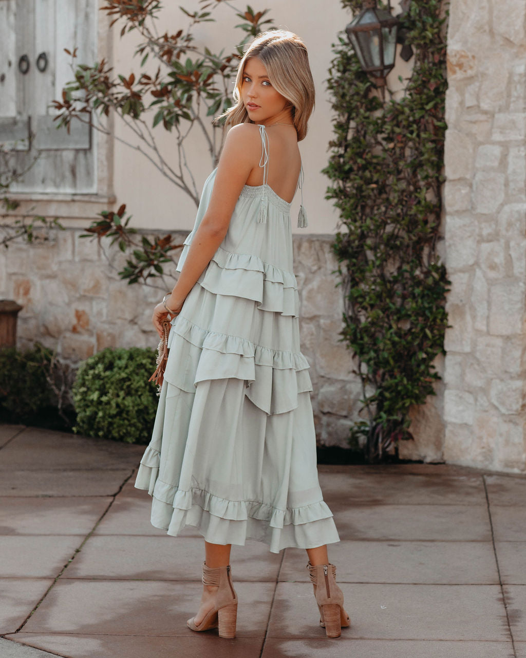 Tiered Brisbane Tassel Midi Dress Sage