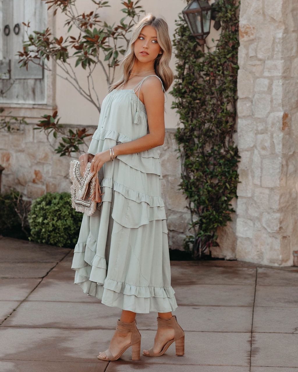 Tiered Brisbane Tassel Midi Dress Sage