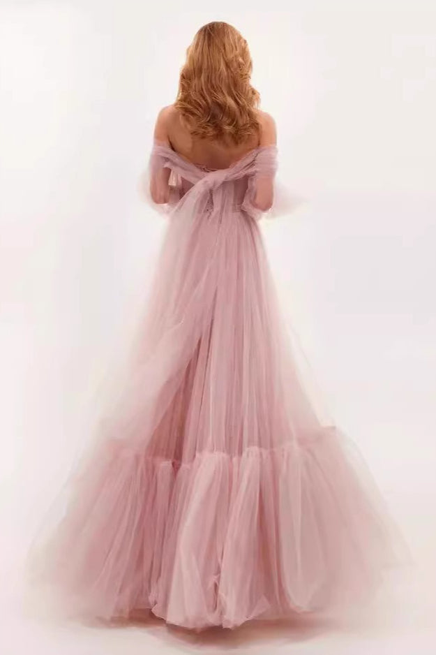 Off Shoulder Mesh Long Sleeved Prom Dress